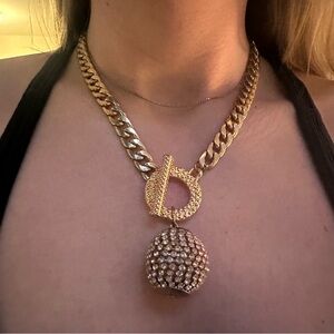 Gold Pave Ball Pendant Toggle Chain Necklace - Women Jewelry